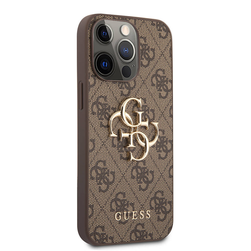 iPhone 13 Pro Kılıf Guess Orjinal Lisanslı PU Deri 4G Desenli Metal Büyük 4G ve Yazı Logolu Kapak