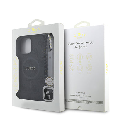 iPhone 13 Pro Max Kılıf Guess Orjinal Lisanslı M-safe Şarj Özellikli PU Deri Bilek Askı İpli Yazı Logolu Kapak