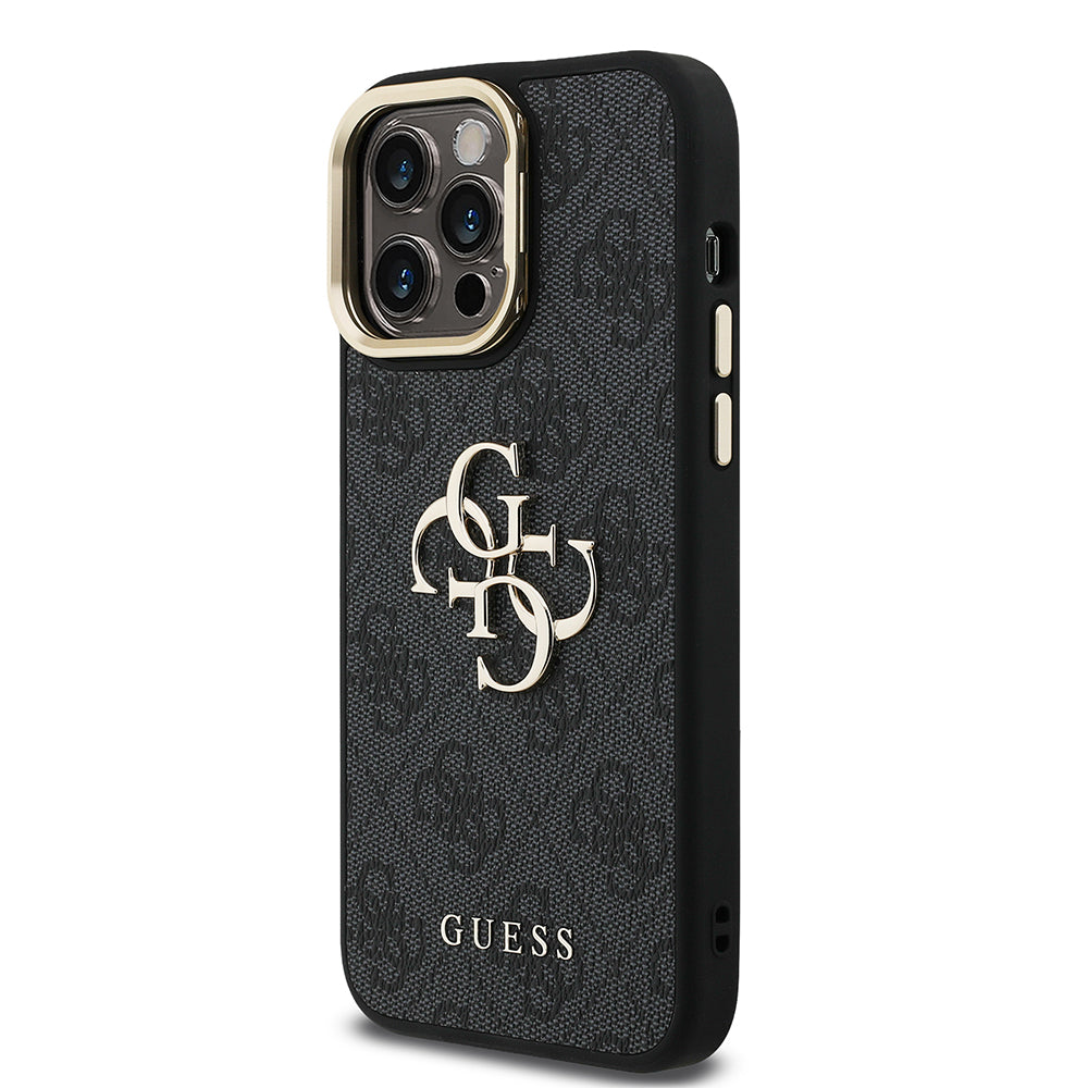 iPhone 13 Pro Max Kılıf Guess Orjinal Lisanslı PU Deri 4G Desenli Metal Büyük 4G ve Yazı Logolu Kamera Standlı Kapak