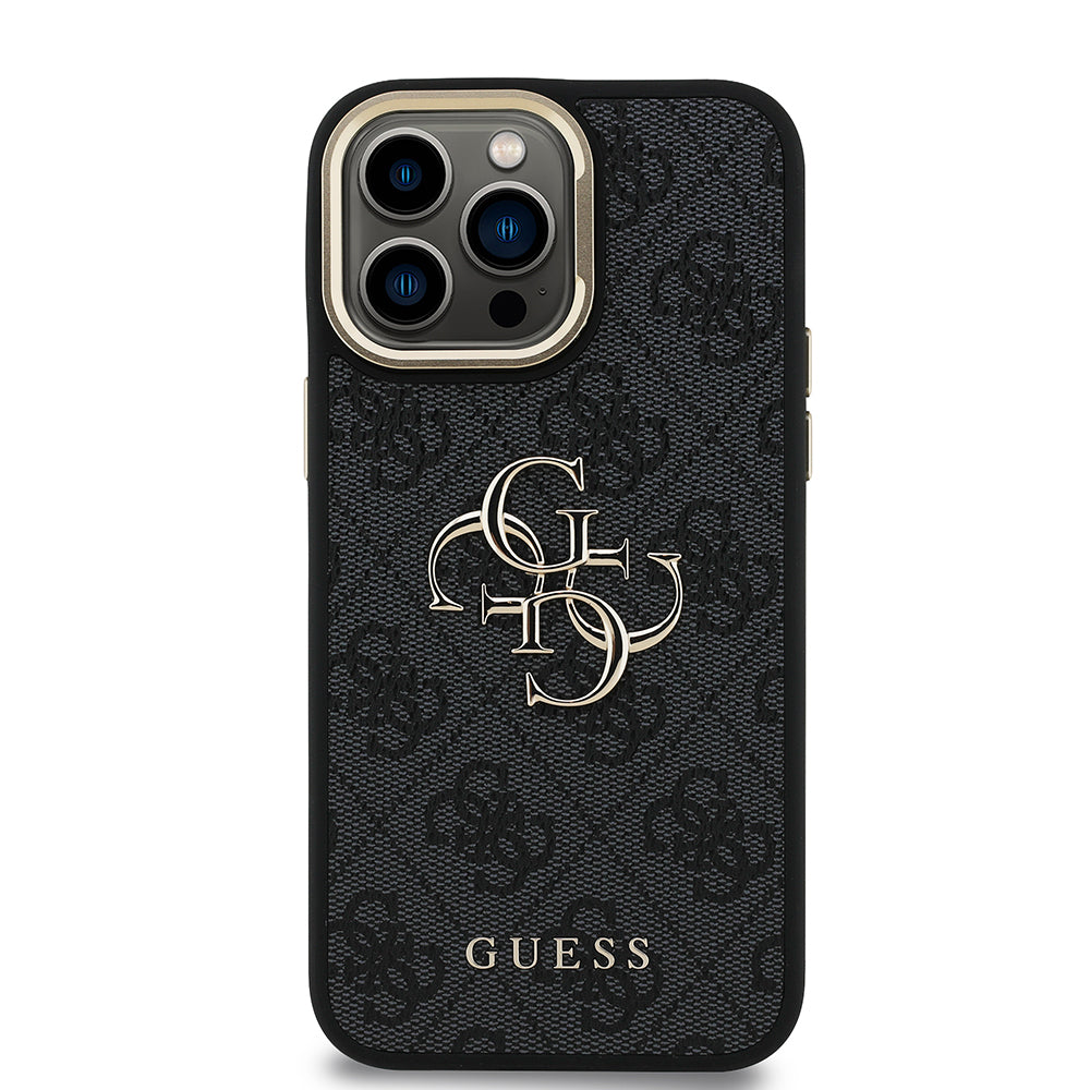 iPhone 13 Pro Max Kılıf Guess Orjinal Lisanslı PU Deri 4G Desenli Metal Büyük 4G ve Yazı Logolu Kamera Standlı Kapak