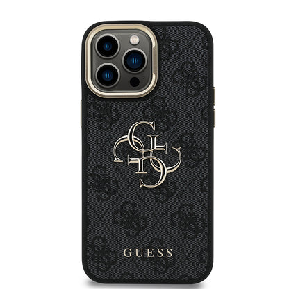 iPhone 13 Pro Max Kılıf Guess Orjinal Lisanslı PU Deri 4G Desenli Metal Büyük 4G ve Yazı Logolu Kamera Standlı Kapak