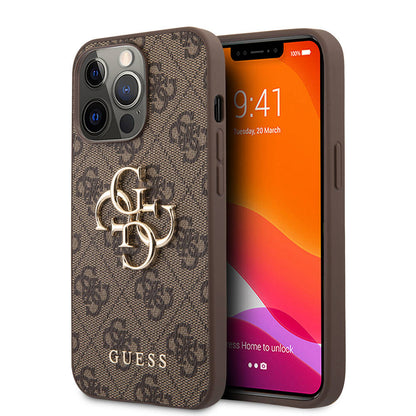 iPhone 13 Pro Max Kılıf Guess Orjinal Lisanslı PU Deri 4G Desenli Metal Büyük 4G ve Yazı Logolu Kapak