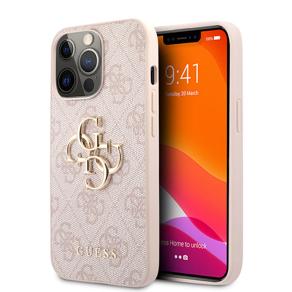 iPhone 13 Pro Max Kılıf Guess Orjinal Lisanslı PU Deri 4G Desenli Metal Büyük 4G ve Yazı Logolu Kapak