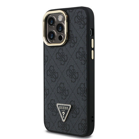 iPhone 13 Pro Max Kılıf Guess Orjinal Lisanslı PU Deri Taşlı Üçgen Logo 4G Desenli Kamera Standlı Kapak