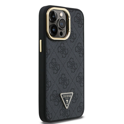 iPhone 13 Pro Max Kılıf Guess Orjinal Lisanslı PU Deri Taşlı Üçgen Logo 4G Desenli Kamera Standlı Kapak