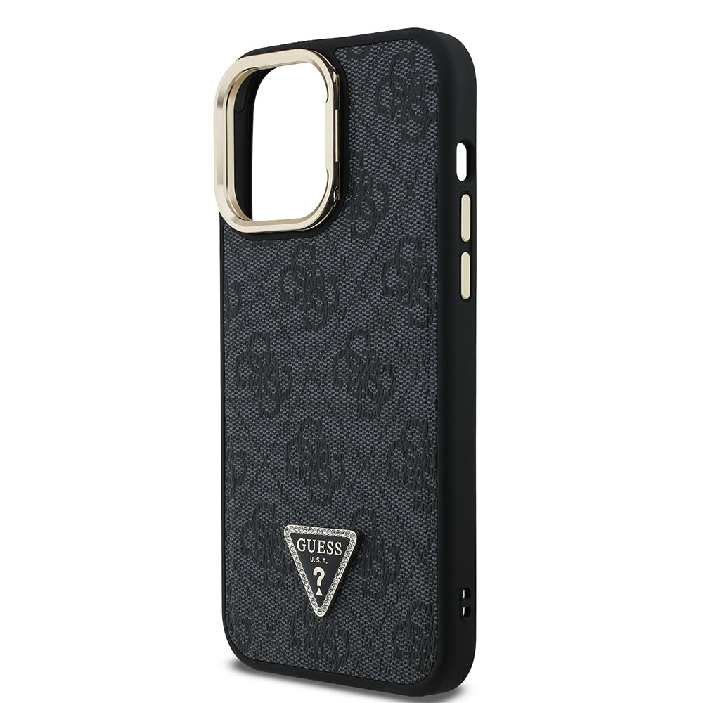 iPhone 13 Pro Max Kılıf Guess Orjinal Lisanslı PU Deri Taşlı Üçgen Logo 4G Desenli Kamera Standlı Kapak