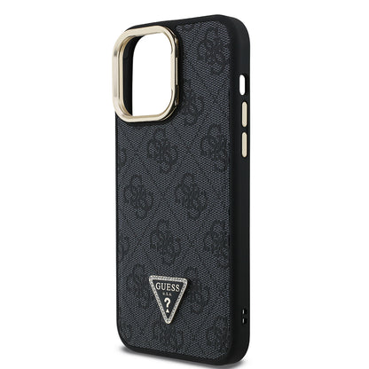 iPhone 13 Pro Max Kılıf Guess Orjinal Lisanslı PU Deri Taşlı Üçgen Logo 4G Desenli Kamera Standlı Kapak