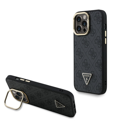 iPhone 13 Pro Max Kılıf Guess Orjinal Lisanslı PU Deri Taşlı Üçgen Logo 4G Desenli Kamera Standlı Kapak