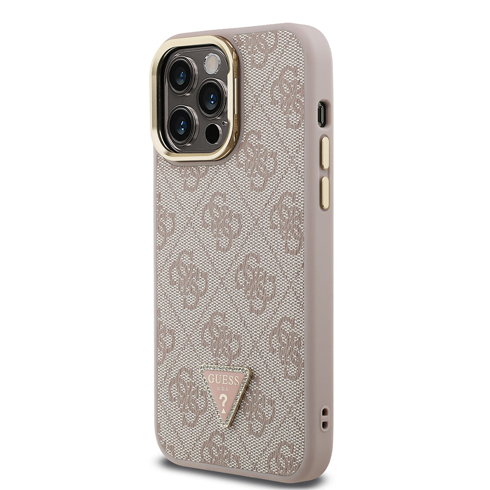 iPhone 13 Pro Max Kılıf Guess Orjinal Lisanslı PU Deri Taşlı Üçgen Logo 4G Desenli Kamera Standlı Kapak
