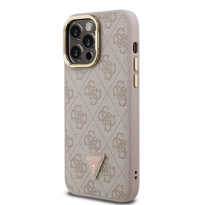 iPhone 13 Pro Max Kılıf Guess Orjinal Lisanslı PU Deri Taşlı Üçgen Logo 4G Desenli Kamera Standlı Kapak