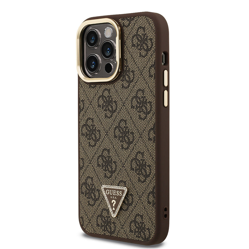 iPhone 13 Pro Max Kılıf Guess Orjinal Lisanslı PU Deri Taşlı Üçgen Logo 4G Desenli Kamera Standlı Kapak