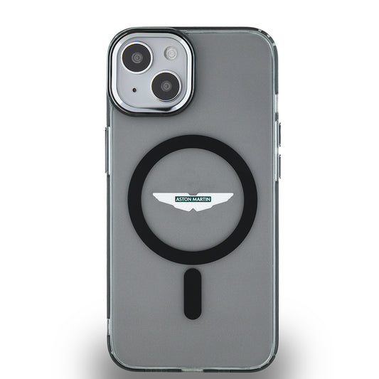 iPhone 14 Kılıf Aston Martin Orjinal Lisanslı M-safe Şarj Özellikli IML Baskı Logolu Metal Düğmeli Kapak