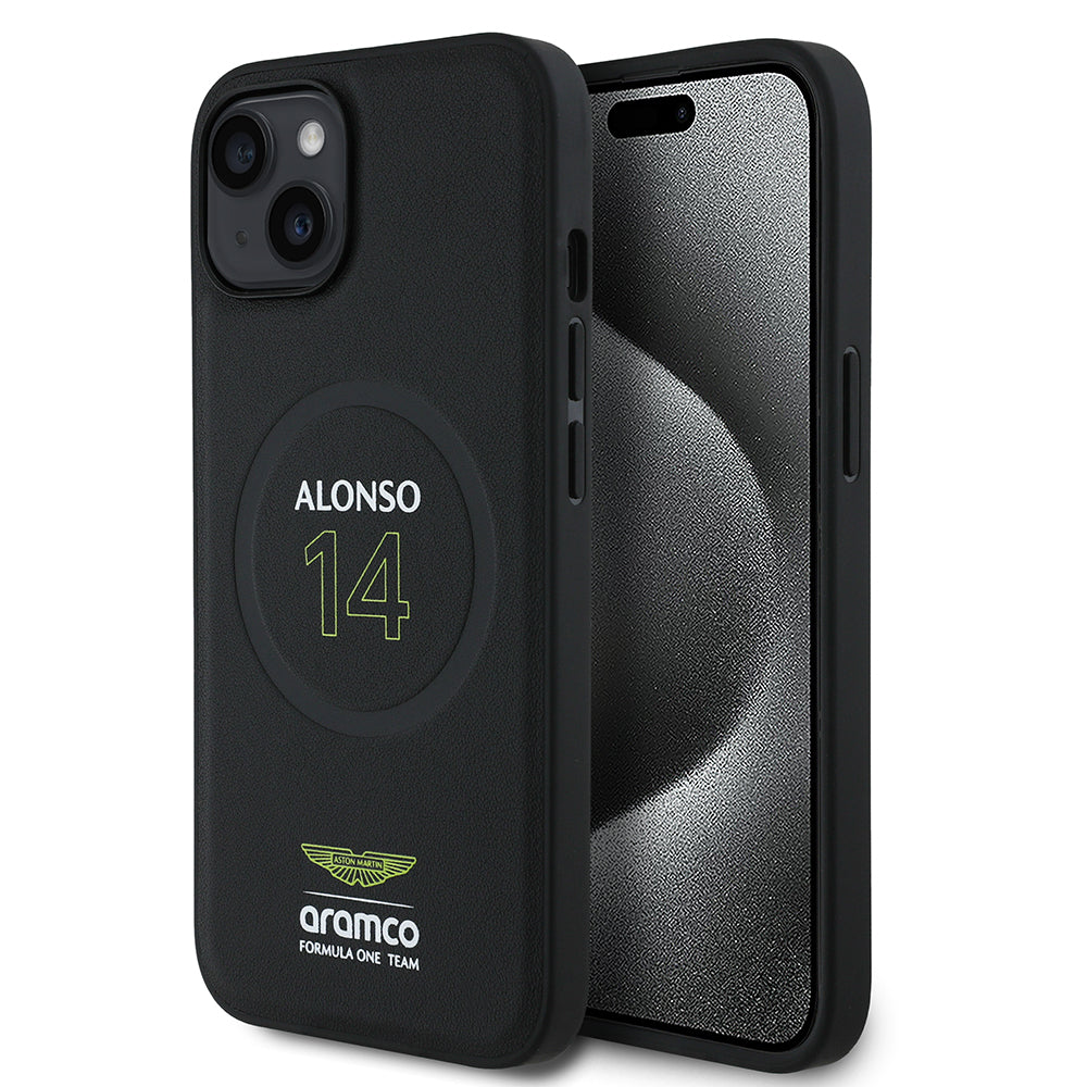 iPhone 14 Kılıf Aston Martin Orjinal Lisanslı M-safe Şarj Özellikli PU Deri Alonso 14 Baskılı Kapak