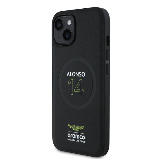 iPhone 14 Kılıf Aston Martin Orjinal Lisanslı M-safe Şarj Özellikli PU Deri Alonso 14 Baskılı Kapak