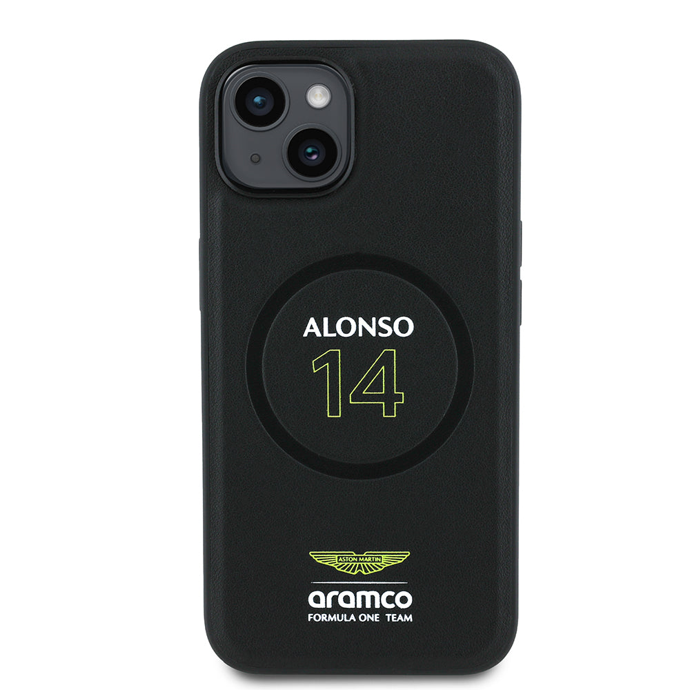 iPhone 14 Kılıf Aston Martin Orjinal Lisanslı M-safe Şarj Özellikli PU Deri Alonso 14 Baskılı Kapak