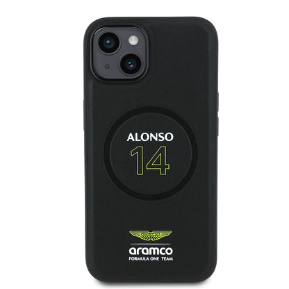 iPhone 14 Kılıf Aston Martin Orjinal Lisanslı M-safe Şarj Özellikli PU Deri Alonso 14 Baskılı Kapak