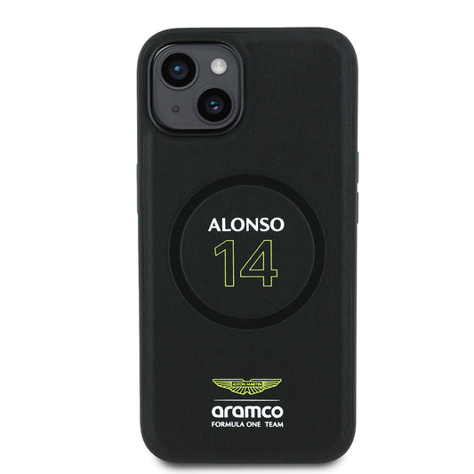 iPhone 14 Kılıf Aston Martin Orjinal Lisanslı M-safe Şarj Özellikli PU Deri Alonso 14 Baskılı Kapak