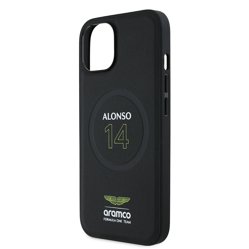 iPhone 14 Kılıf Aston Martin Orjinal Lisanslı M-safe Şarj Özellikli PU Deri Alonso 14 Baskılı Kapak