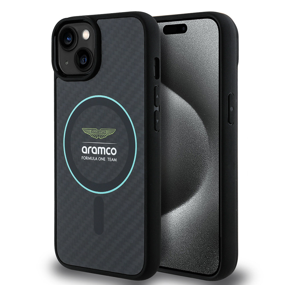 iPhone 14 Kılıf Aston Martin Orjinal Lisanslı M-safe Şarj Özellikli Renkli Halka ve Karbon Fiber Tasarımlı Kapak