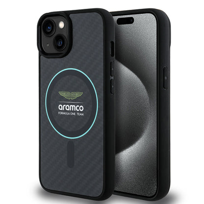 iPhone 14 Kılıf Aston Martin Orjinal Lisanslı M-safe Şarj Özellikli Renkli Halka ve Karbon Fiber Tasarımlı Kapak