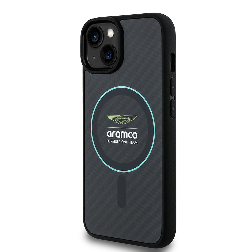 iPhone 14 Kılıf Aston Martin Orjinal Lisanslı M-safe Şarj Özellikli Renkli Halka ve Karbon Fiber Tasarımlı Kapak