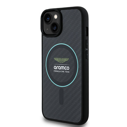 iPhone 14 Kılıf Aston Martin Orjinal Lisanslı M-safe Şarj Özellikli Renkli Halka ve Karbon Fiber Tasarımlı Kapak