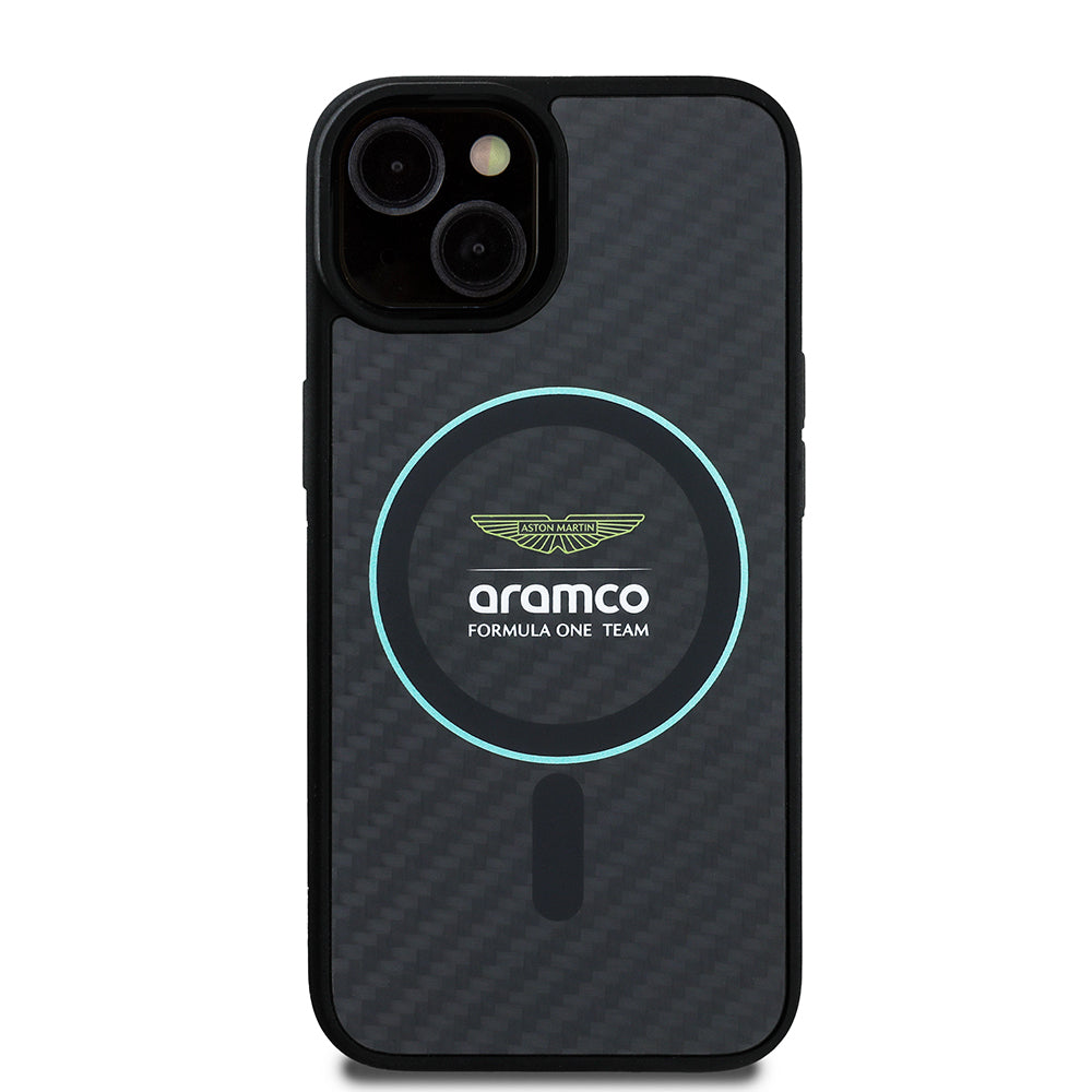 iPhone 14 Kılıf Aston Martin Orjinal Lisanslı M-safe Şarj Özellikli Renkli Halka ve Karbon Fiber Tasarımlı Kapak