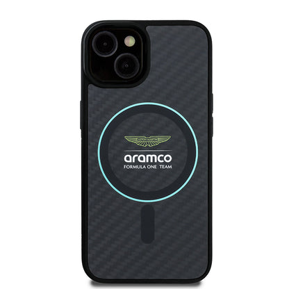 iPhone 14 Kılıf Aston Martin Orjinal Lisanslı M-safe Şarj Özellikli Renkli Halka ve Karbon Fiber Tasarımlı Kapak