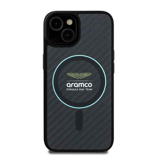 iPhone 14 Kılıf Aston Martin Orjinal Lisanslı M-safe Şarj Özellikli Renkli Halka ve Karbon Fiber Tasarımlı Kapak