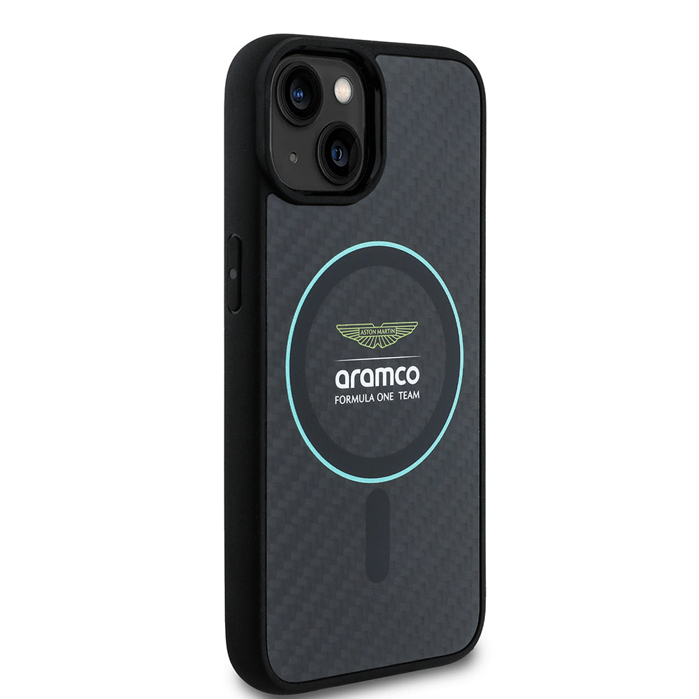 iPhone 14 Kılıf Aston Martin Orjinal Lisanslı M-safe Şarj Özellikli Renkli Halka ve Karbon Fiber Tasarımlı Kapak