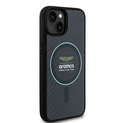 iPhone 14 Kılıf Aston Martin Orjinal Lisanslı M-safe Şarj Özellikli Renkli Halka ve Karbon Fiber Tasarımlı Kapak