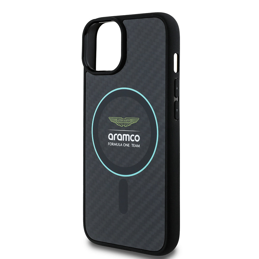 iPhone 14 Kılıf Aston Martin Orjinal Lisanslı M-safe Şarj Özellikli Renkli Halka ve Karbon Fiber Tasarımlı Kapak