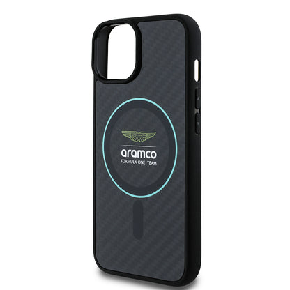 iPhone 14 Kılıf Aston Martin Orjinal Lisanslı M-safe Şarj Özellikli Renkli Halka ve Karbon Fiber Tasarımlı Kapak