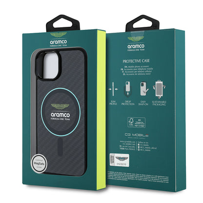 iPhone 14 Kılıf Aston Martin Orjinal Lisanslı M-safe Şarj Özellikli Renkli Halka ve Karbon Fiber Tasarımlı Kapak