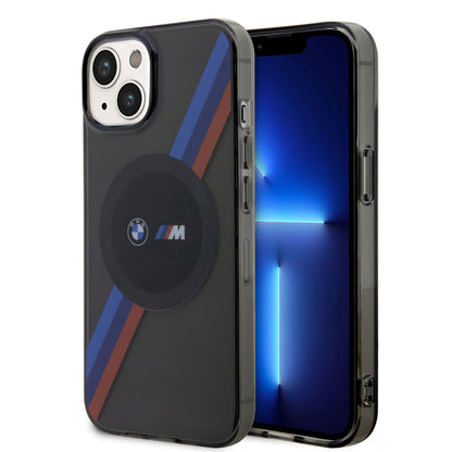 iPhone 14 Kılıf BMW M-safe Şarj Özellikli Transparan 3 Renkli Şerit Dizayn Kapak
