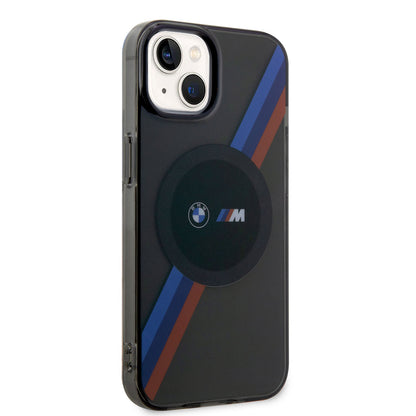 iPhone 14 Kılıf BMW M-safe Şarj Özellikli Transparan 3 Renkli Şerit Dizayn Kapak