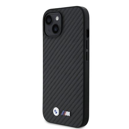iPhone 14 Kılıf BMW Orjinal Lisanslı Karbon Fiber Tasarımlı ve Metal Logolu PU Deri Kapak