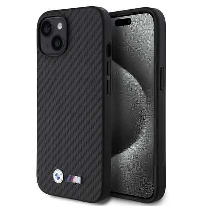 iPhone 14 Kılıf BMW Orjinal Lisanslı Karbon Fiber Tasarımlı ve Metal Logolu PU Deri Kapak