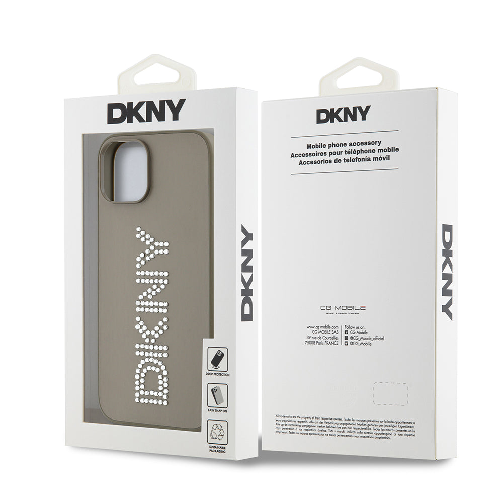 iPhone 14 Kılıf DKNY Orjinal Lisanslı Taşlı DKNY Yazılı Metalik Rhinestones PU Deri Kapak