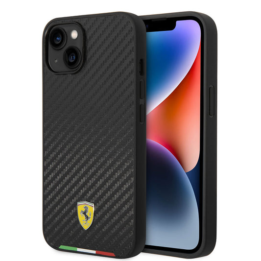 iPhone 14 Kılıf Ferrari M-safe Şarj Özellikli Karbon İtalyan Bayrak Dizayn Kapak