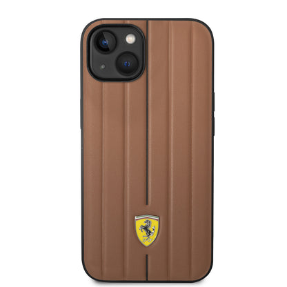 iPhone 14 Kılıf Ferrari Orjinal Lisanslı Deri Arka Yüzey Metal Logolu Şerit Tasarımlı Kapak