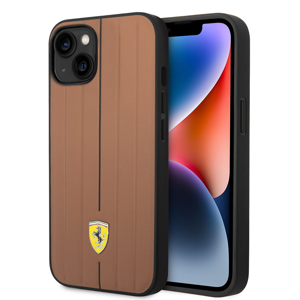 iPhone 14 Kılıf Ferrari Orjinal Lisanslı Deri Arka Yüzey Metal Logolu Şerit Tasarımlı Kapak