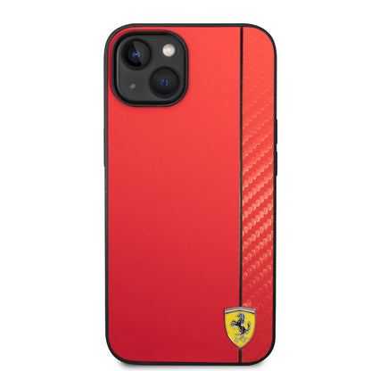 iPhone 14 Kılıf Ferrari Orjinal Lisanslı M-safe Şarj Özellikli Pu Deri Ve Karbon Şeritli Dizayn Kapak