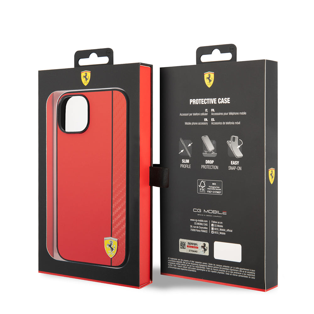 iPhone 14 Kılıf Ferrari Orjinal Lisanslı M-safe Şarj Özellikli Pu Deri Ve Karbon Şeritli Dizayn Kapak