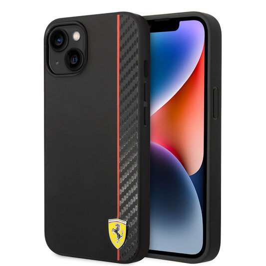 iPhone 14 Kılıf Ferrari Orjinal Lisanslı M-safe Şarj Özellikli Pu Deri Ve Karbon Şeritli Dizayn Kapak