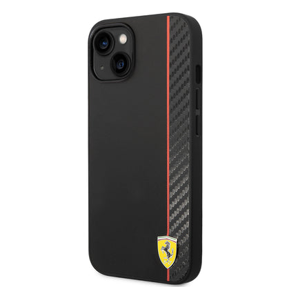 iPhone 14 Kılıf Ferrari Orjinal Lisanslı M-safe Şarj Özellikli Pu Deri Ve Karbon Şeritli Dizayn Kapak
