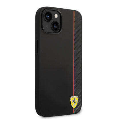 iPhone 14 Kılıf Ferrari Orjinal Lisanslı M-safe Şarj Özellikli Pu Deri Ve Karbon Şeritli Dizayn Kapak