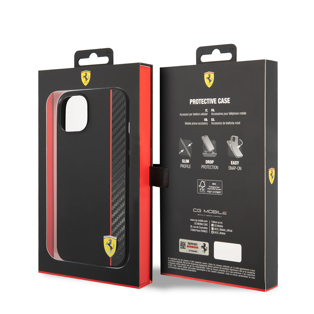 iPhone 14 Kılıf Ferrari Orjinal Lisanslı M-safe Şarj Özellikli Pu Deri Ve Karbon Şeritli Dizayn Kapak