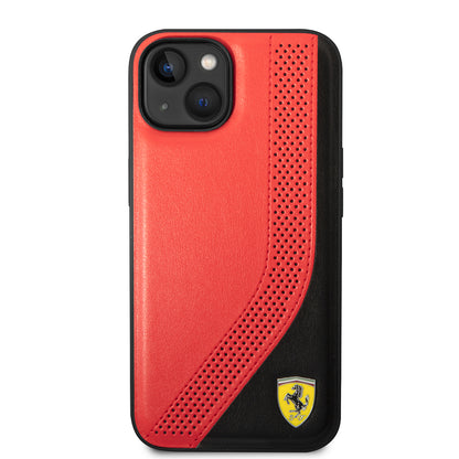 iPhone 14 Kılıf Ferrari Orjinal Lisanslı Metal Logolu Deri Delikli Dikişli Dizayn Kapak
