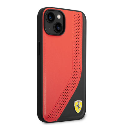 iPhone 14 Kılıf Ferrari Orjinal Lisanslı Metal Logolu Deri Delikli Dikişli Dizayn Kapak